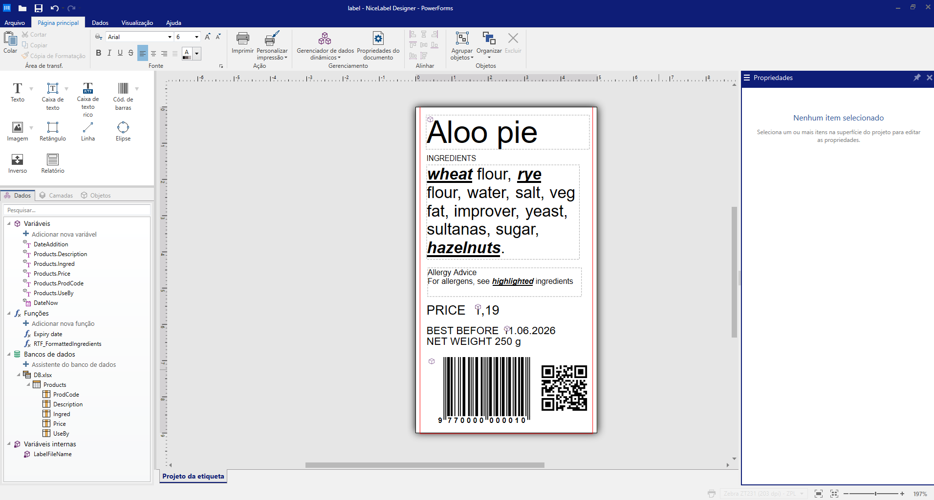 Interface do NiceLabel Designer criando uma etiqueta de alimento com ingredientes, alérgenos, código de barras e QR Code