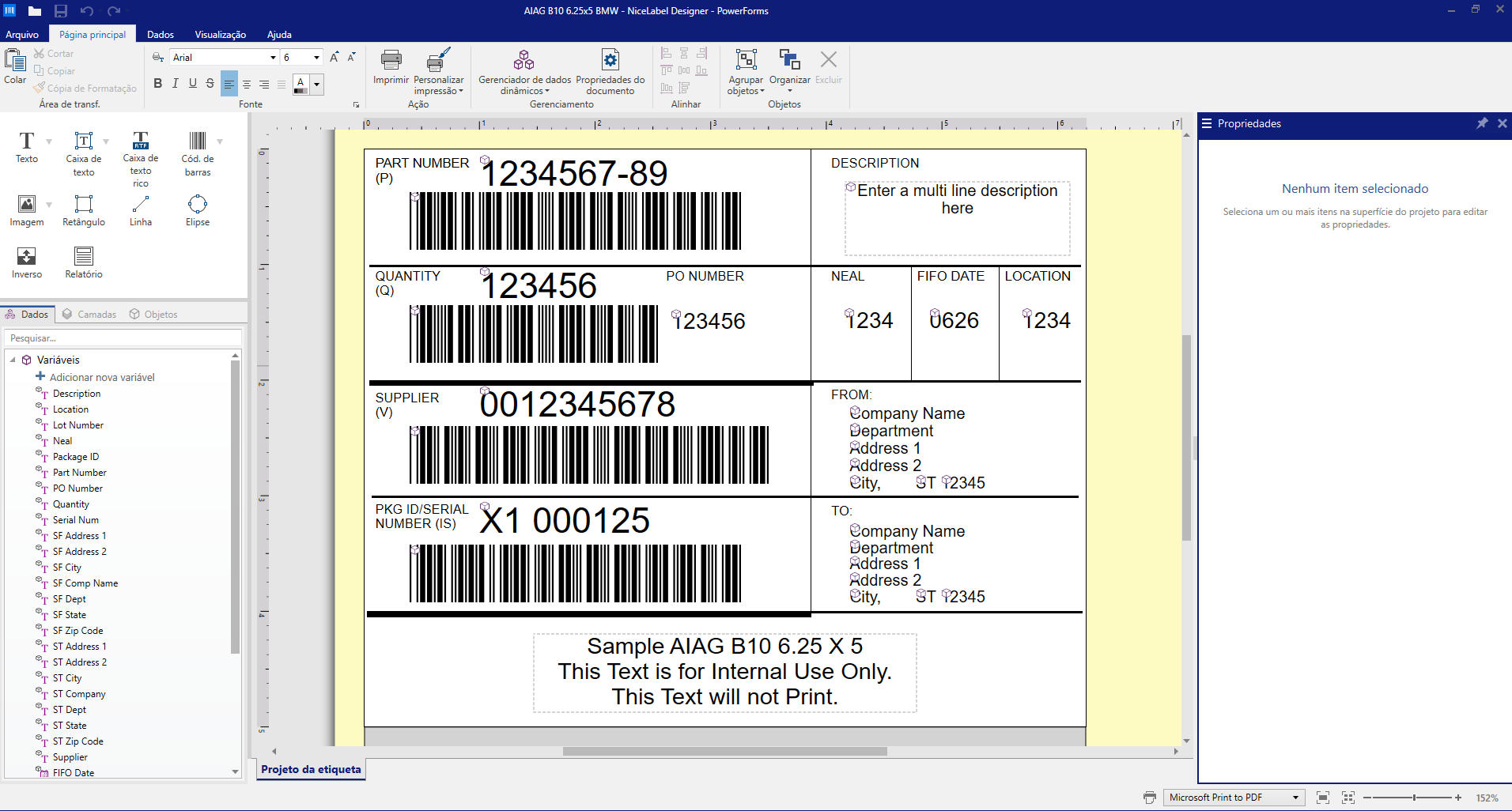 Interface do NiceLabel Designer com uma etiqueta industrial AIAG sendo criada, com códigos de barras e campos de dados